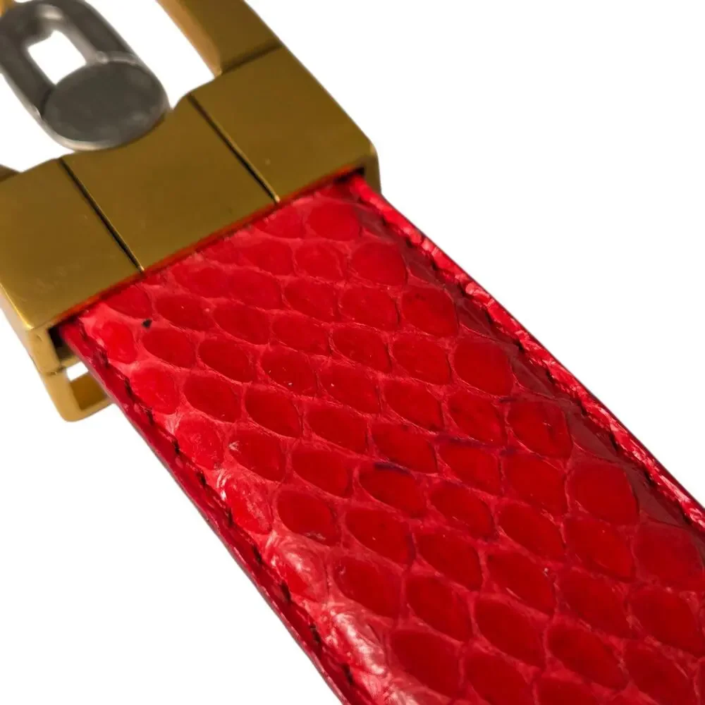 Vintage Womens Red Genuine Snakeskin Belt Gold Metal Buckle Waist Belt 37